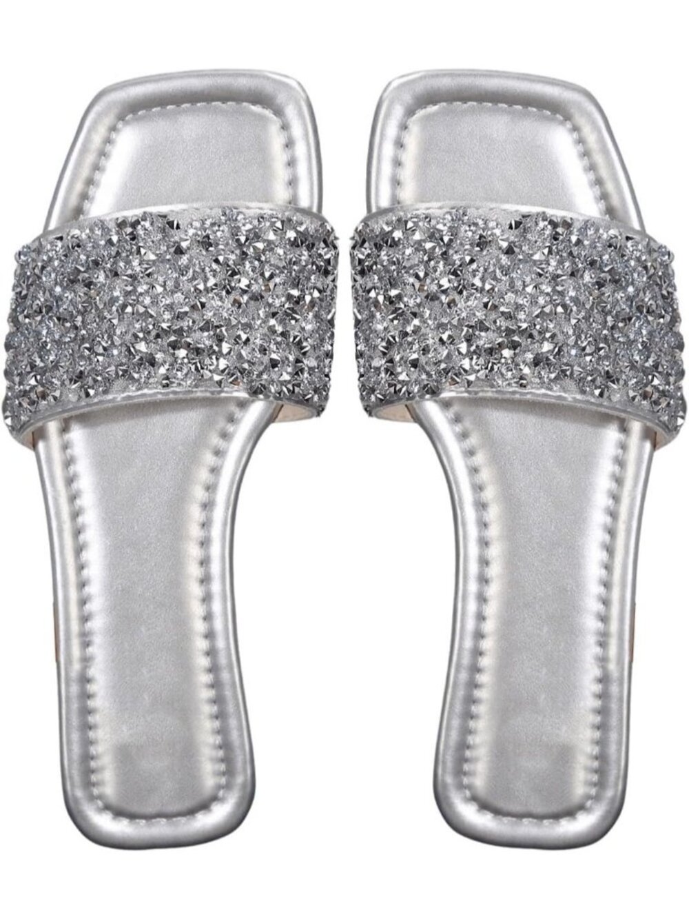 Women's Silver Leather Sparkly Jeweled Dressy Open Toe Glitter Shiny Flat Sandal